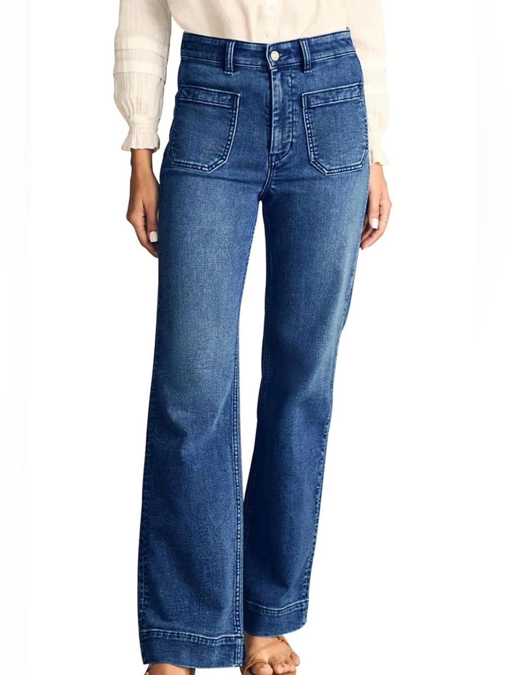 KUNMI High Rise Wide Leg Jeans Size 10 Blue Stretch Patch Pocket Denim